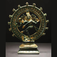 Green patina brass Lord Shiva Nataraja idol with circular relief disc, 9-inch