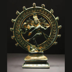 Green patina brass Lord Shiva Nataraja idol with circular relief disc, 9-inch