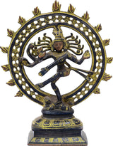 Nataraja Brass Idol: dancing four-armed figure with halo ring, gold accents, dark brass