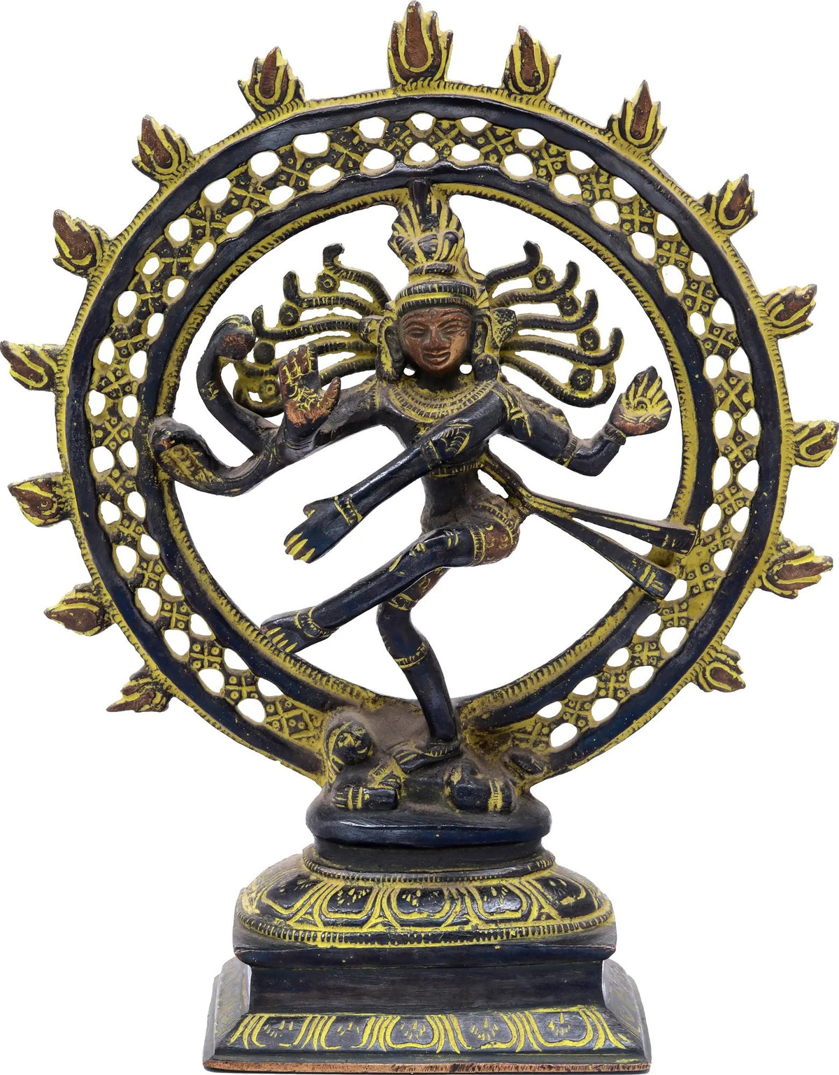 Nataraja Brass Idol: dancing four-armed figure with halo ring, gold accents, dark brass
