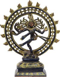 Nataraja Brass Idol: dancing four-armed figure with halo ring, gold accents, dark brass