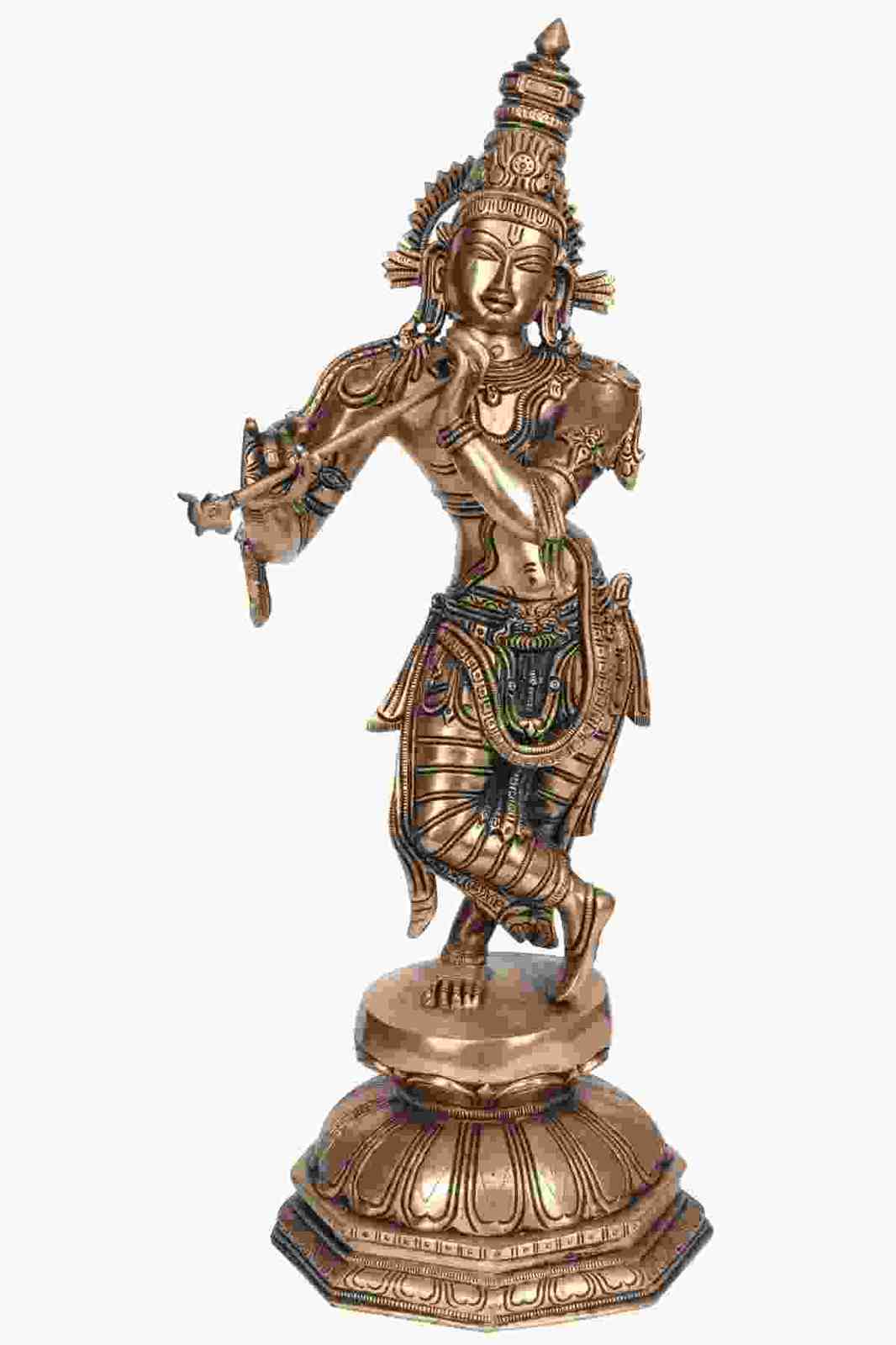 Brass Lord Krishna statue playing the flute, ornate jewelry, standing on pedestal