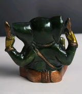 3-inch brass Ganpati statue, rear view, green drape with gold accents