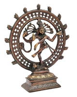 Brass Nataraja Shiva idol in dancing pose, circular double chala frame, 9 inch