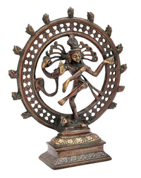 Brass Nataraja Shiva idol in dancing pose, circular double chala frame, 9 inch