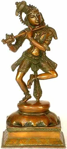 Handmade Brass Sculpture of Krishna, the Lord of Music and Dance 15 Inches