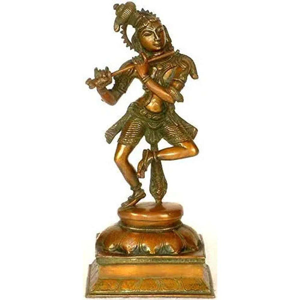 Handmade Brass Sculpture of Krishna, the Lord of Music and Dance 15 Inches