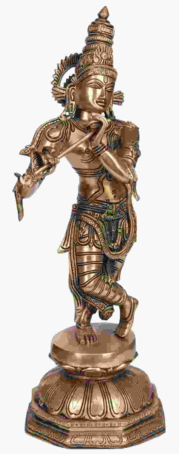 Brass Statue of Lord Krishna Playing the Flute 18 Inches