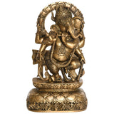 Brass Ganesha statue playing flute, ornate details, standing on lotus base