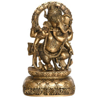 Brass Ganesha statue playing flute, ornate details, standing on lotus base