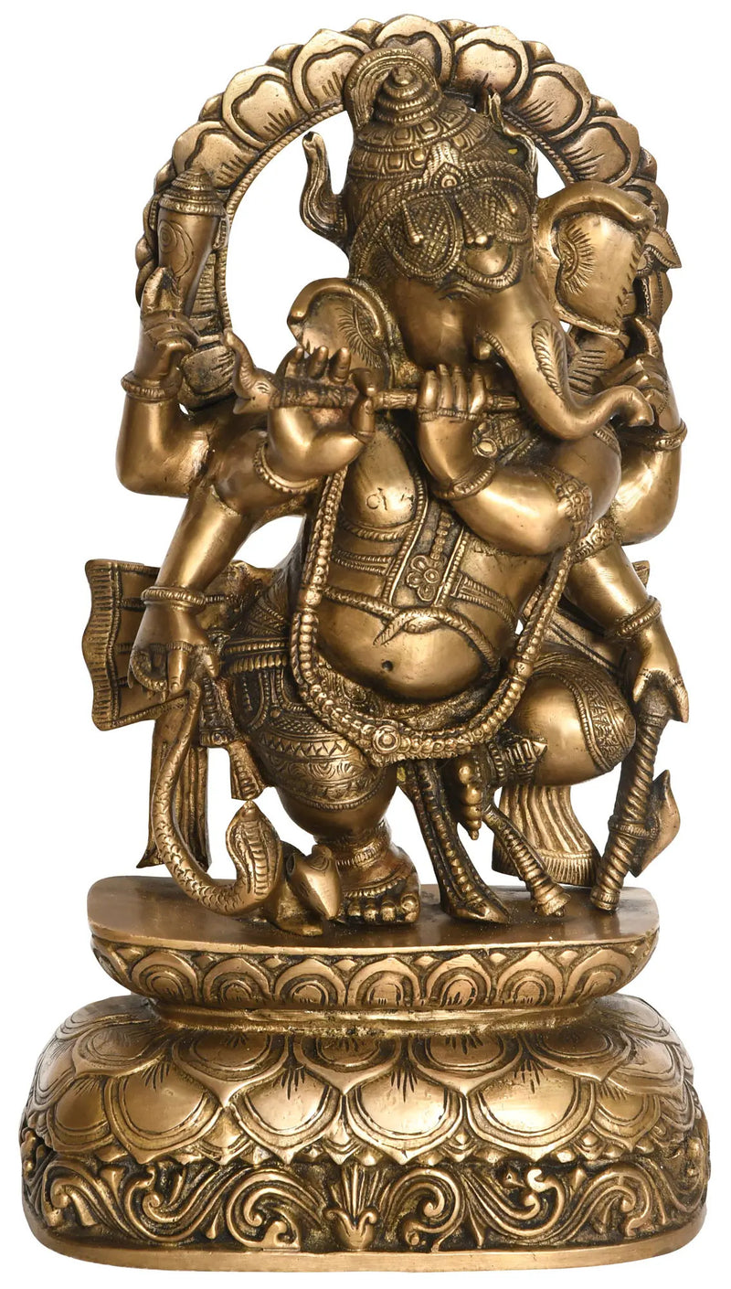 Brass Statue of Lord Ganesha Playing the Flute 17 Inches