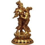 Brass Radha-Krishna idol, linked dance poses, detailed jewelry on round base