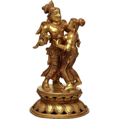 Brass Radha-Krishna idol, linked dance poses, detailed jewelry on round base