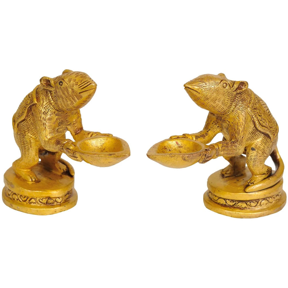Pair of 3-inch brass Ganesha rat oil lamps, each rat holding a small diya bowl