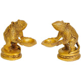 Pair of 3-inch brass Ganesha rat oil lamps, each rat holding a small diya bowl