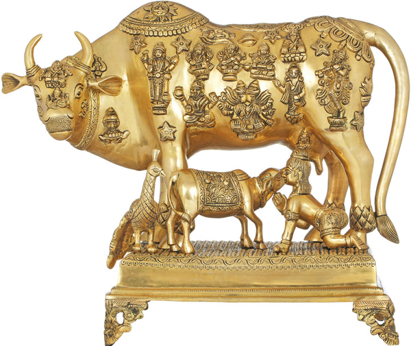 Handmade Brass Sculpture of the Cow, Abode of the Devagana 20 Inches Entryway Setting
