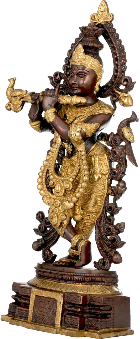 Handmade Brown gold  Brass Sculpture of Venugopala (Krishna Playing the Flute) 15 inches