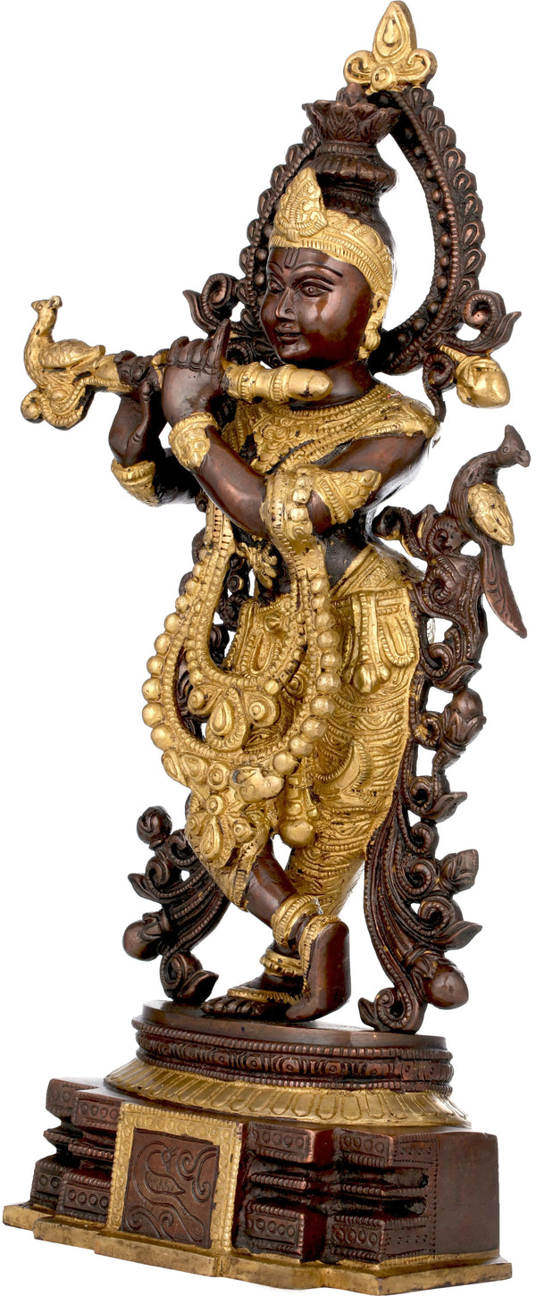 Handmade Brown gold  Brass Sculpture of Venugopala (Krishna Playing the Flute) 15 inches