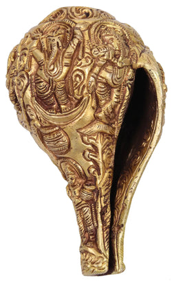 Brass Conch Featuring Images of Shiva, Parvati, and Ganesha 5 inches