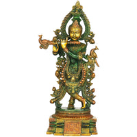 Handmade henna touch Venugopala (Krishna) statue, green and gold playing flute, 15 in