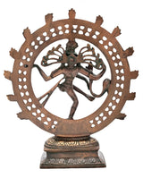 Antique brass Shiva Nataraja idol, arched double chala ring with cutout design, 9 in