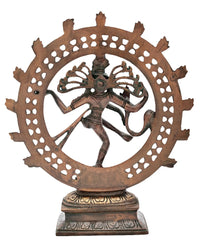 Antique brass Shiva Nataraja idol, arched double chala ring with cutout design, 9 in