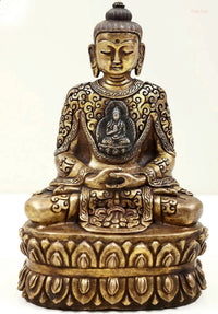 Brass small Lord Buddha idol in dhyana mudra, seated with ornate patterned robe