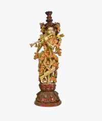Handmade Murli Krishna brass statue, gold and dark brown, ornate deity with crown