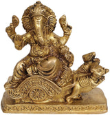 Lord Ganesha brass idol riding mouse chariot, 4-inch