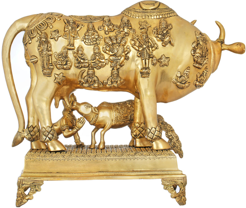 Handmade Brass Sculpture of the Cow, Abode of the Devagana 20 Inches