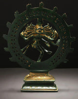 Green patina brass Nataraja idol from the side, detailed halo pattern and legs