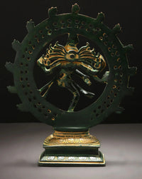 Green patina brass Nataraja idol from the side, detailed halo pattern and legs