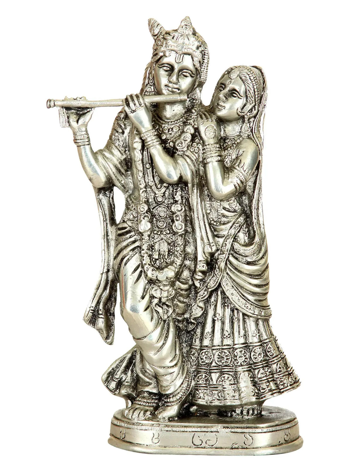 Handmade silver-tone Radha-Krishna figurine with ornate jewelry, 8 in