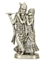 Handmade silver-tone Radha-Krishna figurine with ornate jewelry, 8 in