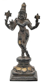 Handmade antique brass Lord Murli Krishna statue, black-gold finish, raised arms