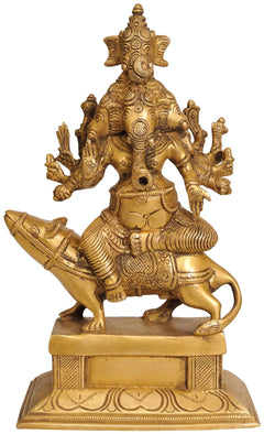 Brass five-headed Ganesha seated on mount, detailed arms, jewelry, ornate pedestal