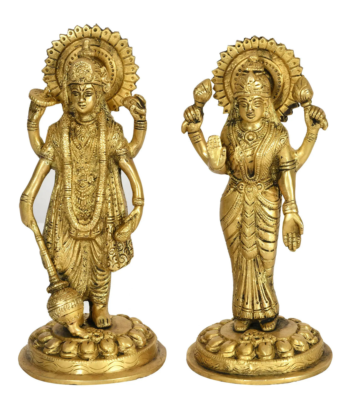 Handmade brass sculpture of Vishnu and Lakshmi, 7-inch, standing figures with ornate crowns