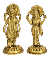 Handmade brass sculpture of Vishnu and Lakshmi, 7-inch, standing figures with ornate crowns