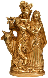Handmade brass Radha Krishna sculpture, 8-inch height, seated couple holding a flower