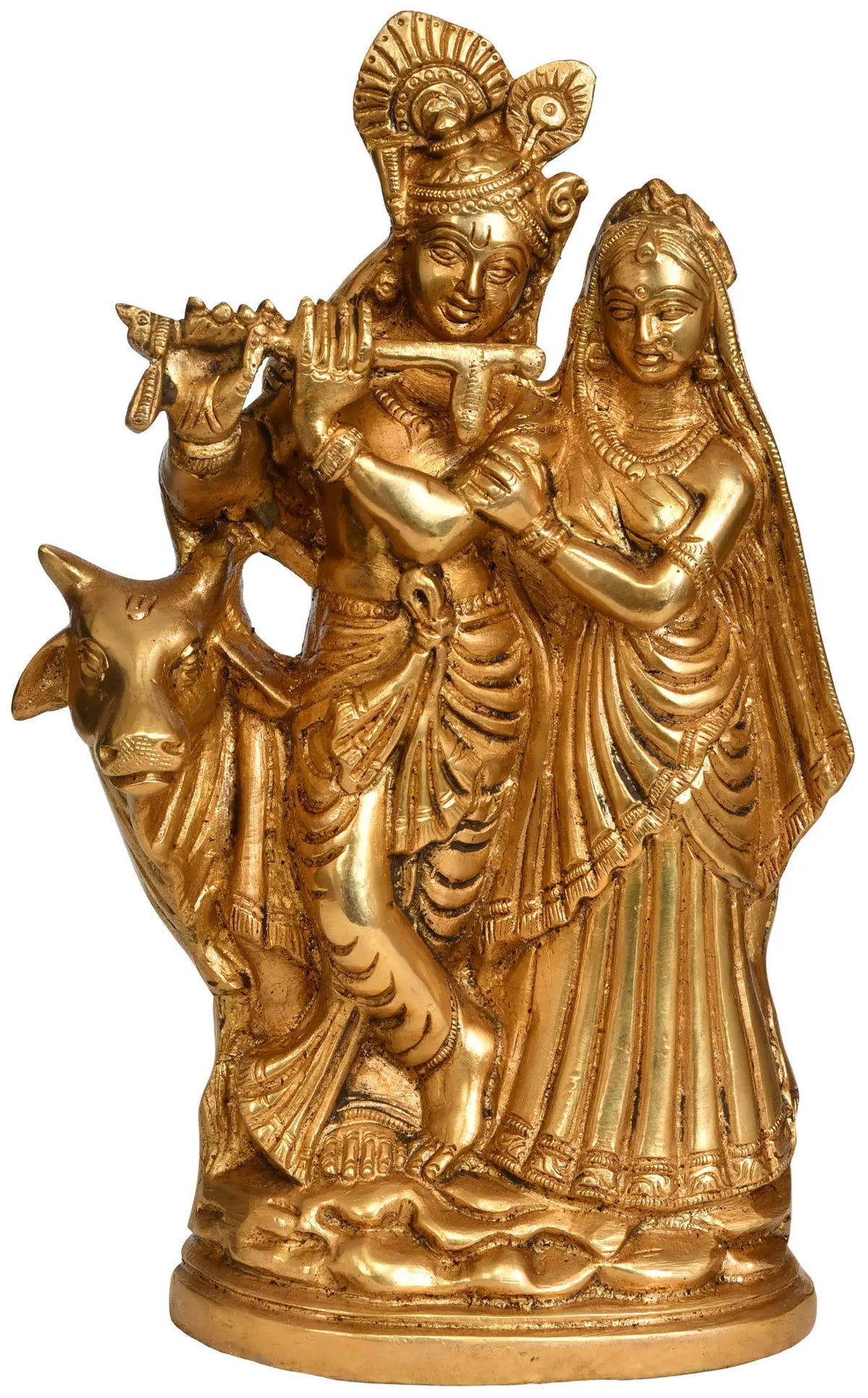 Handmade brass Radha Krishna sculpture, 8-inch height, seated couple holding a flower