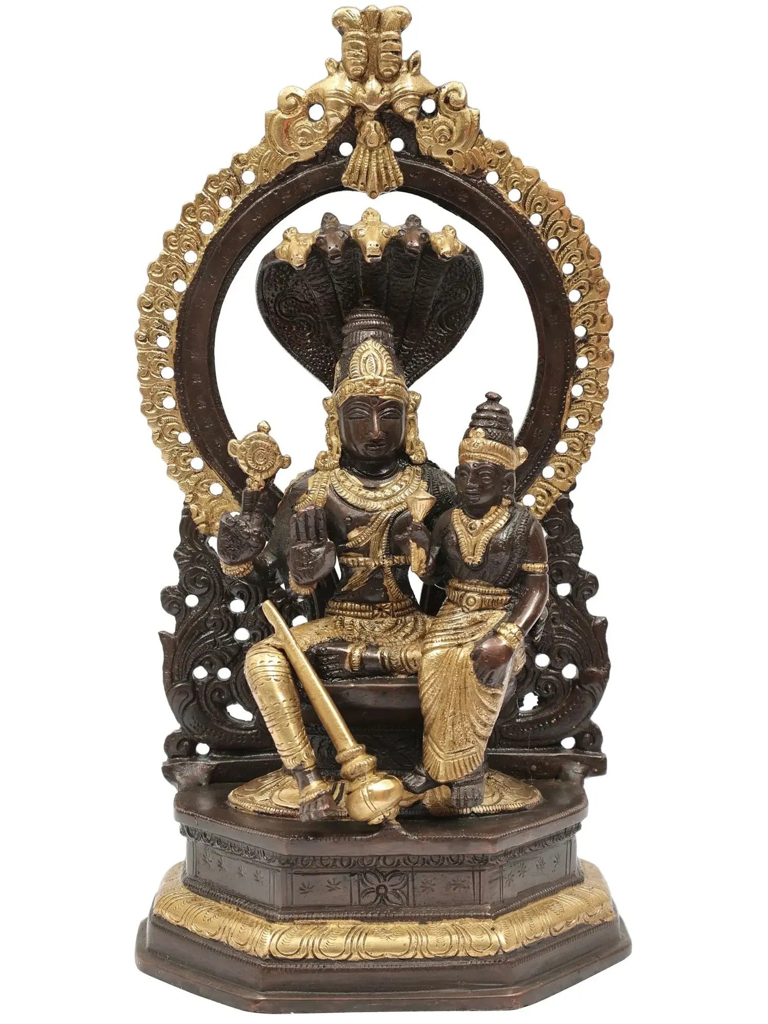 Handmade Brown Gold Brass Statue of Lord Vishnu with Goddess Lakshmi 10 INCHES