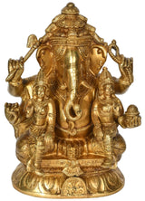 Brass Ganesha statue with Riddhi Siddhi, 4-armed seated with ornate detailing