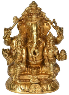 Brass Ganesha statue with Riddhi Siddhi, 4-armed seated with ornate detailing