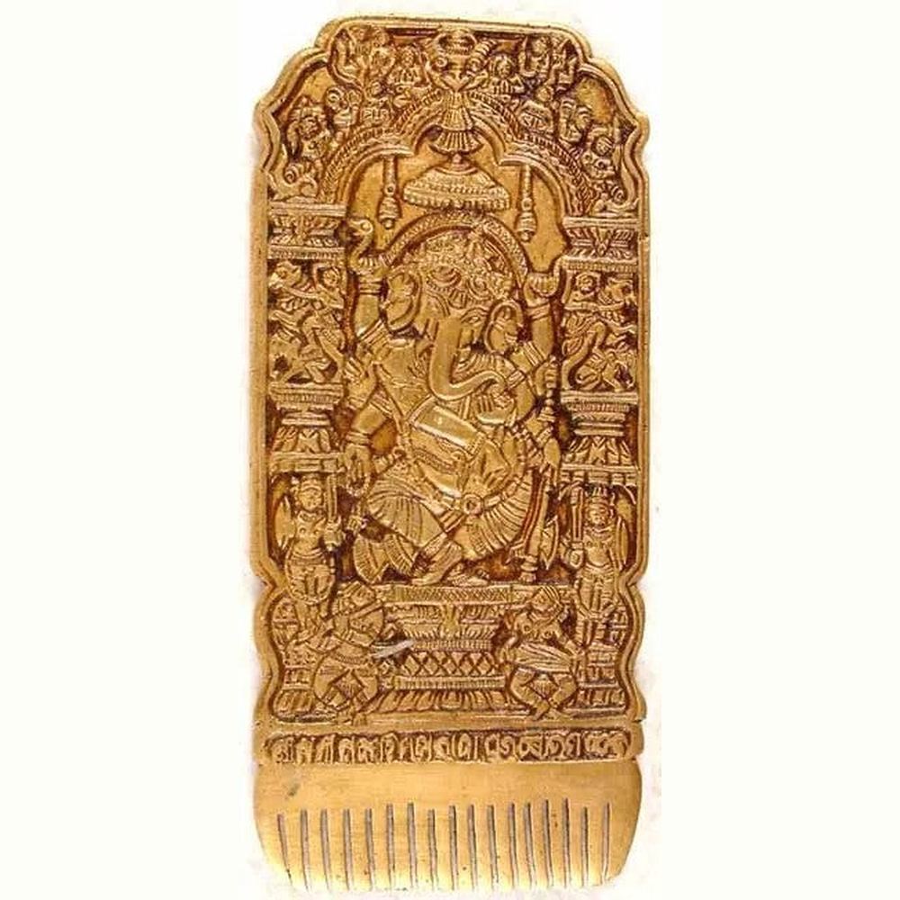 Brass comb with reverse Radha-Krishna embracing motif and ornate engraving