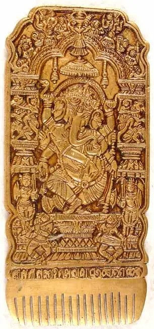 Brass Ganesha Comb with Embracing Radha Krishna in Reverse '' 7