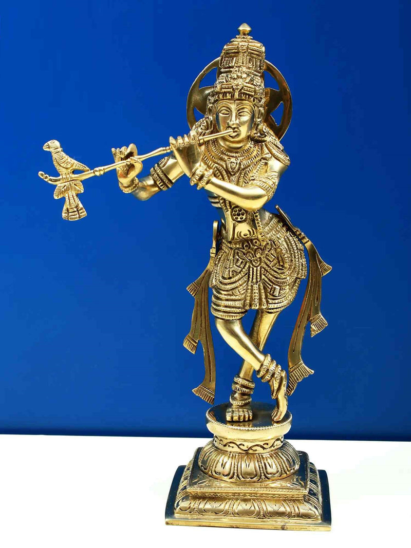 Amazing Natural Brass Statue of Lord Krishna Playing the Flute 12 inches