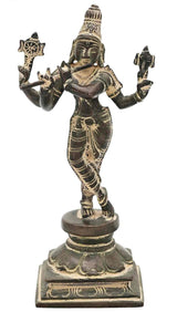Antique brass Lord Murli Krishna statue, raised arms, ornate base