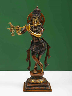 AONA double chala brass Lord Krishna figurine playing flute with detailed beaded dress