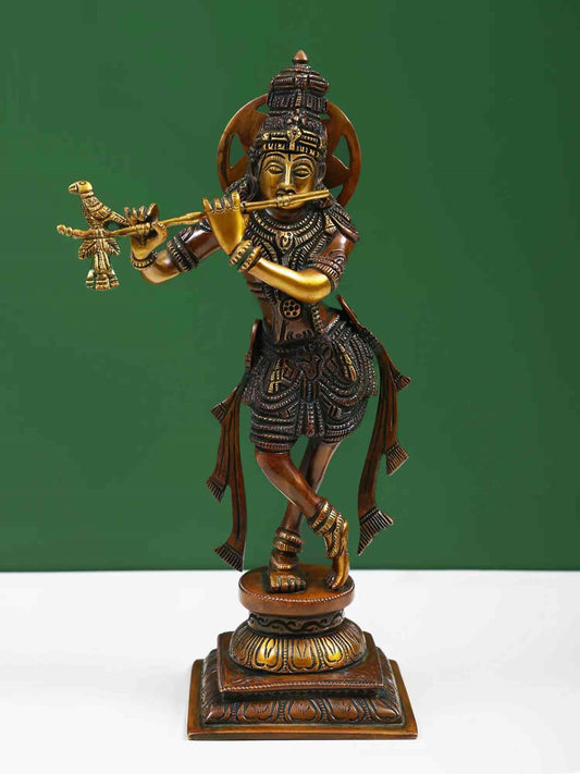 Amazing Double Chala Brass Statue of Lord Krishna Playing the Flute 12 inches