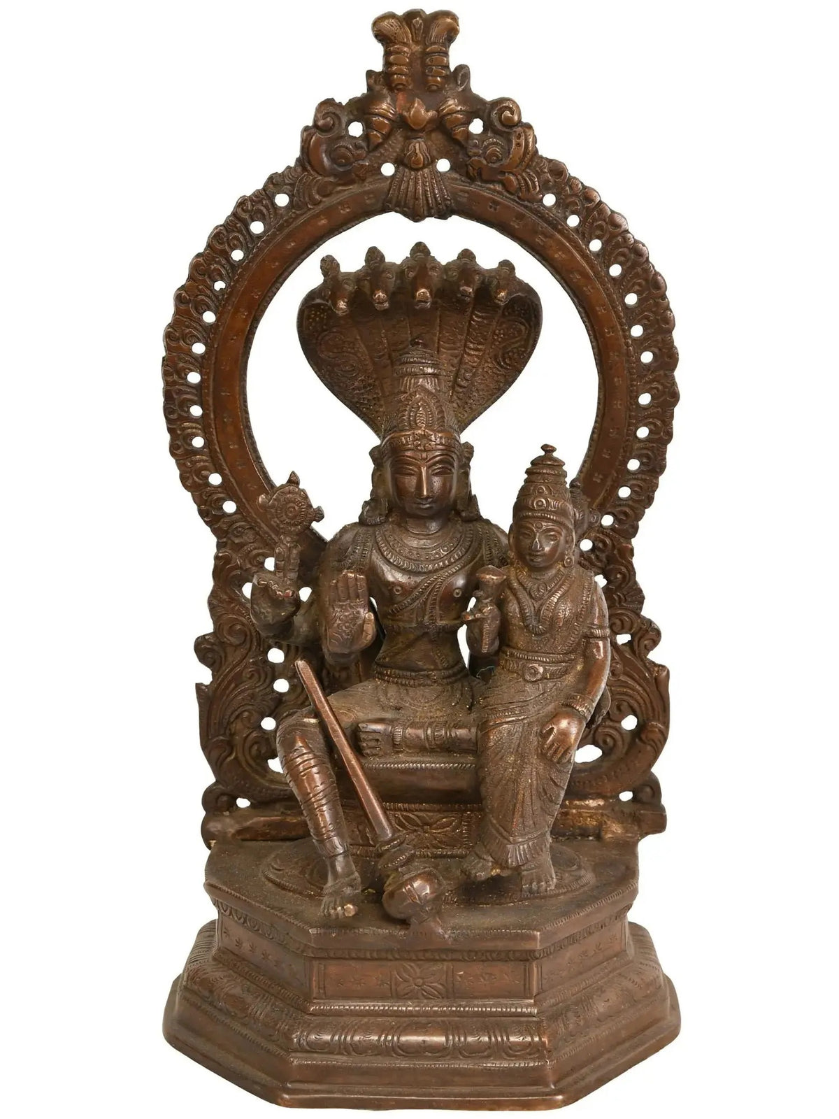 Handmade brass statue of Lord Vishnu with Goddess Lakshmi, seated with ornate halo